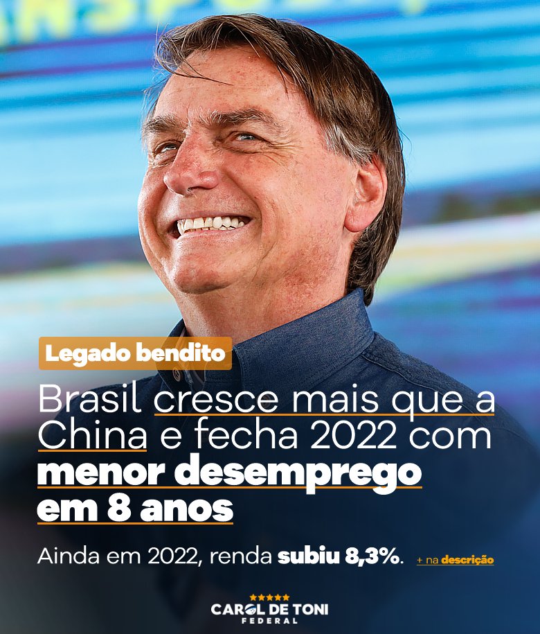 CarolDeToni's tweet photo. A FALTA QUE BOLSONARO FAZ AO BRASIL...

Além de crescer mais que China e EUA, o Brasil fechou 2022 com taxa de desemprego de 7,9% - o menor patamar em 8 anos. A renda também subiu: em um ano foram 8,3% de alta.

⤵️ https://t.co/52RVNKSTtU