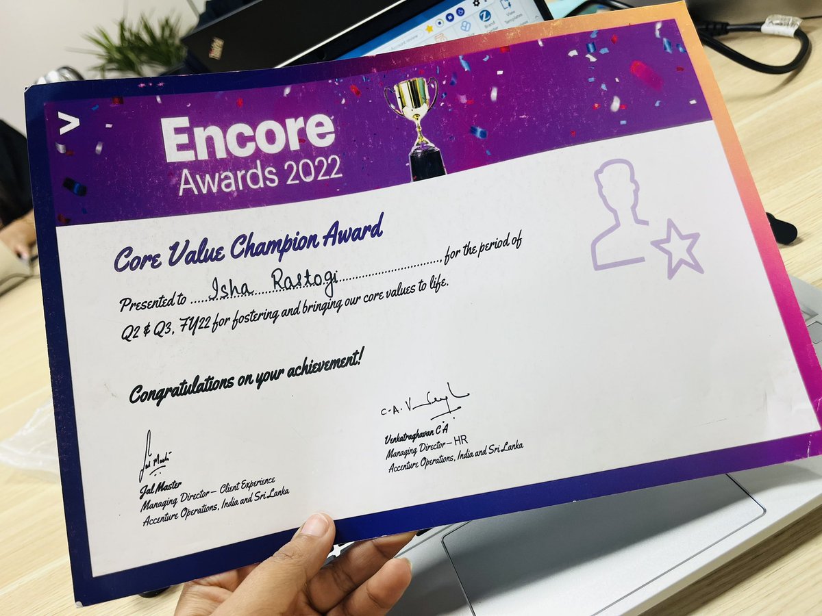 IshaRas19447161's tweet photo. “Abhi to life mein bhot kuch ukhadna hai” 😎
One more in count & the most special one🙌🏻🧿 #awardwinning @Accenture #proudself #bestperformanceever https://t.co/0KjaFKfyrM