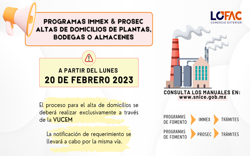 LOFAC_COMEXT's tweet photo. 🚨🏭 #IMMEX #PROSEC #ProgramasDeFomento #VUCEM #SE #SNICE #AltaDeDomicilios #Trámites #ComercioExterior #Lofac https://t.co/7Qfse5dRom