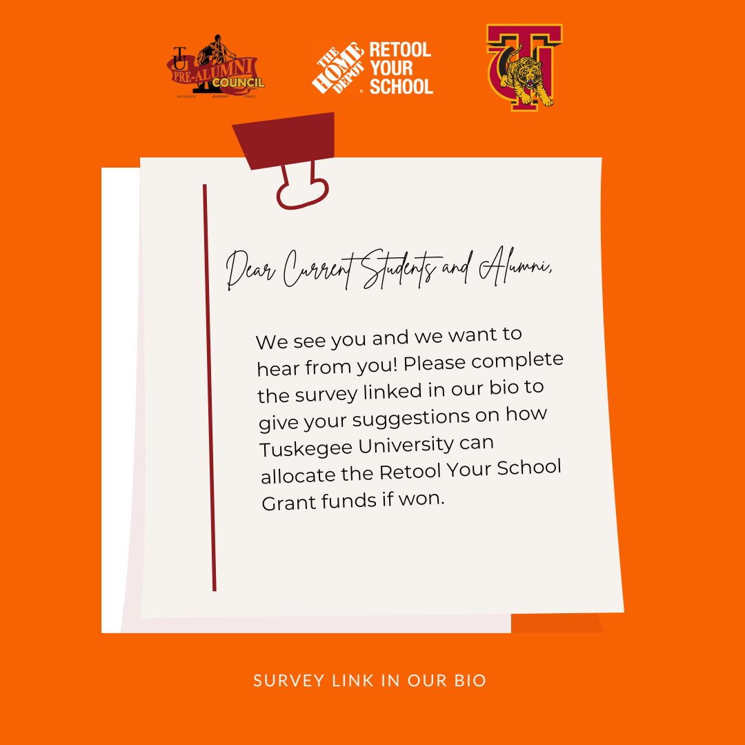 tu_prealumni's tweet photo. Good morning Golden Tigers! We see your concerns and want hear your suggestions! Please fill out the survey linked in our bio 💛 

#RYSTUSKEGEE https://t.co/xjrEnC16Zh