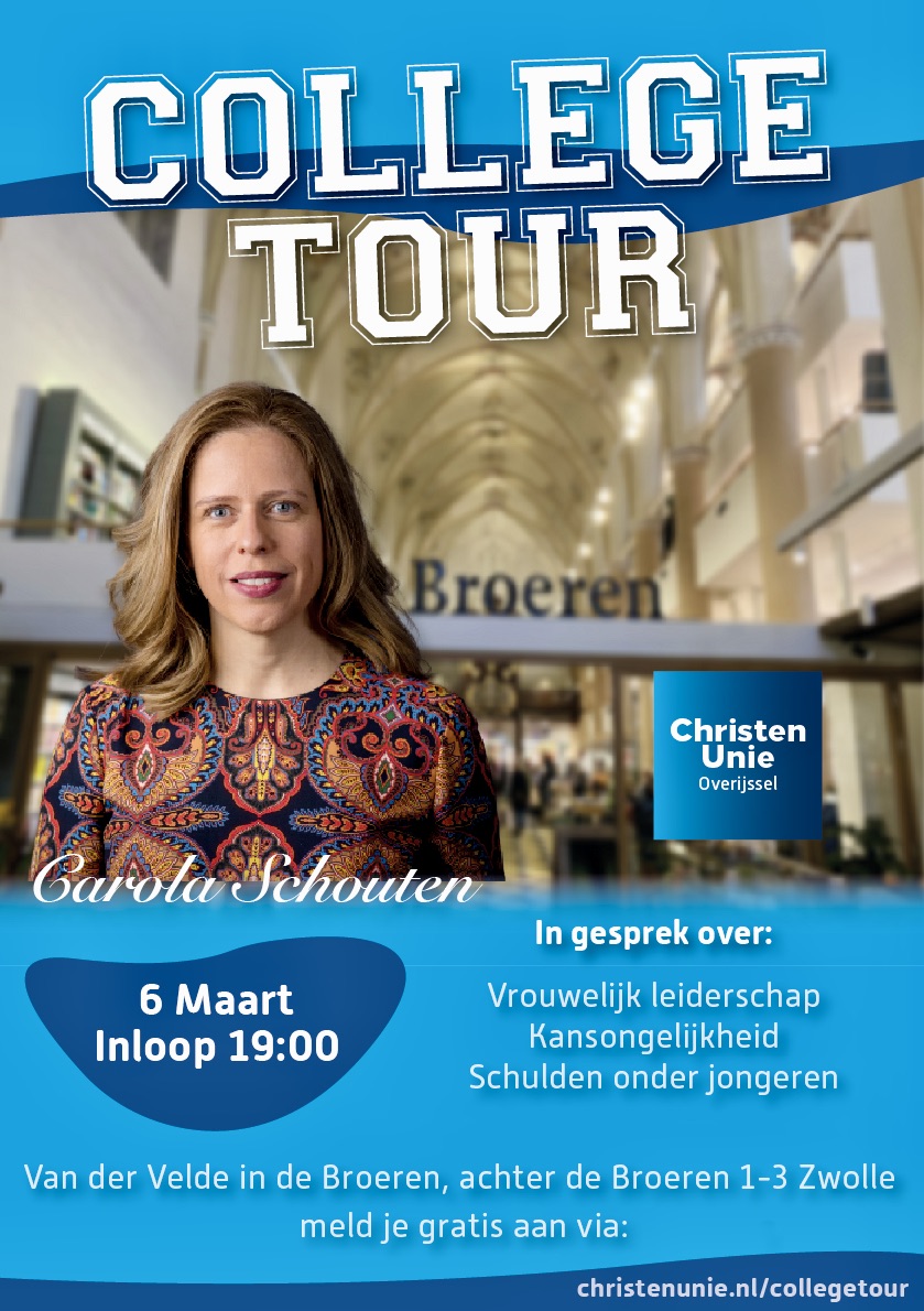 In gesprek met Vice-Premier <a href="/carolaschouten/">Carola Schouten</a> over vrouwelijk leiderschap in turbulente tijden. In samenwerking met <a href="/CUZwolle/">ChristenUnie Zwolle</a> <a href="/CUOverijssel/">CU Overijssel</a> Wil jij die vraag stellen? Meld je gratis aan via christenunie.overijssel/collegetour #ruimtevoorelkaar