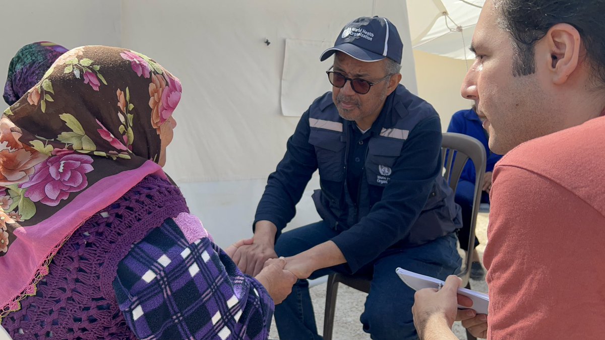 WHO's tweet photo. Medical needs in #Turkiye include injury management, treatment of respiratory infections, diarrhea and mental health support. @DrTedros visited some of the areas most affected by the earthquakes to meet responders and survivors. #HealthForAll people in 🇹🇷 must be a priority. https://t.co/FcLnRynh6p
