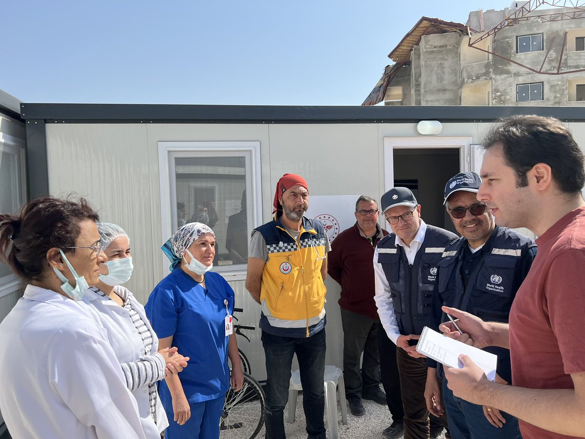 WHO's tweet photo. Medical needs in #Turkiye include injury management, treatment of respiratory infections, diarrhea and mental health support. @DrTedros visited some of the areas most affected by the earthquakes to meet responders and survivors. #HealthForAll people in 🇹🇷 must be a priority. https://t.co/FcLnRynh6p