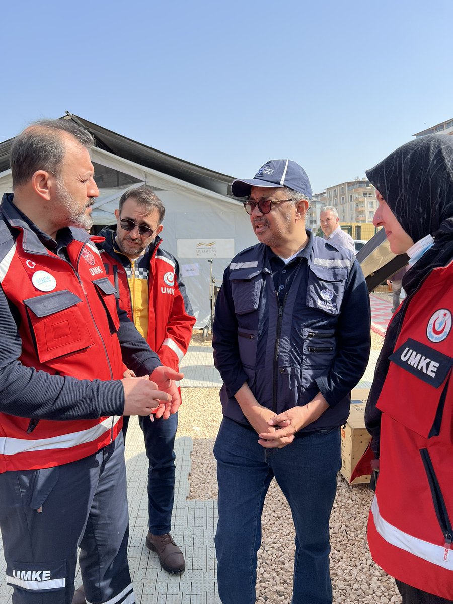 WHO's tweet photo. Medical needs in #Turkiye include injury management, treatment of respiratory infections, diarrhea and mental health support. @DrTedros visited some of the areas most affected by the earthquakes to meet responders and survivors. #HealthForAll people in 🇹🇷 must be a priority. https://t.co/FcLnRynh6p