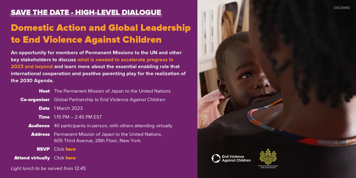 Be part of the high-level event on accelerating progress on positive parenting hosted by the Government of Japan and organized by @GPtoEndViolence happening tomorrow at 1:15 PM – 2:45 PM EST. Don't miss out, register here tinyurl.com/mry7v7s8