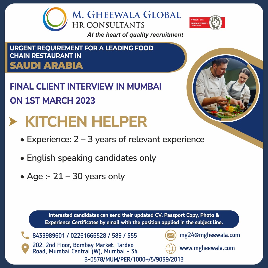 mgheewala_hrc's tweet photo. Job Vacancies for #Saudiarabia

Interested Candidates can send the updated resume to mg24@mgheewala.com

Learn More https://t.co/Ps4bxv2mB1

#helper #kitchenhelper #helperjob #kitchenhelperjob #kitchenjob #cook #restaurant #chainofrestaurant #saudijob #jobsinsaudi #saudijobs https://t.co/K9KU4AzuAJ