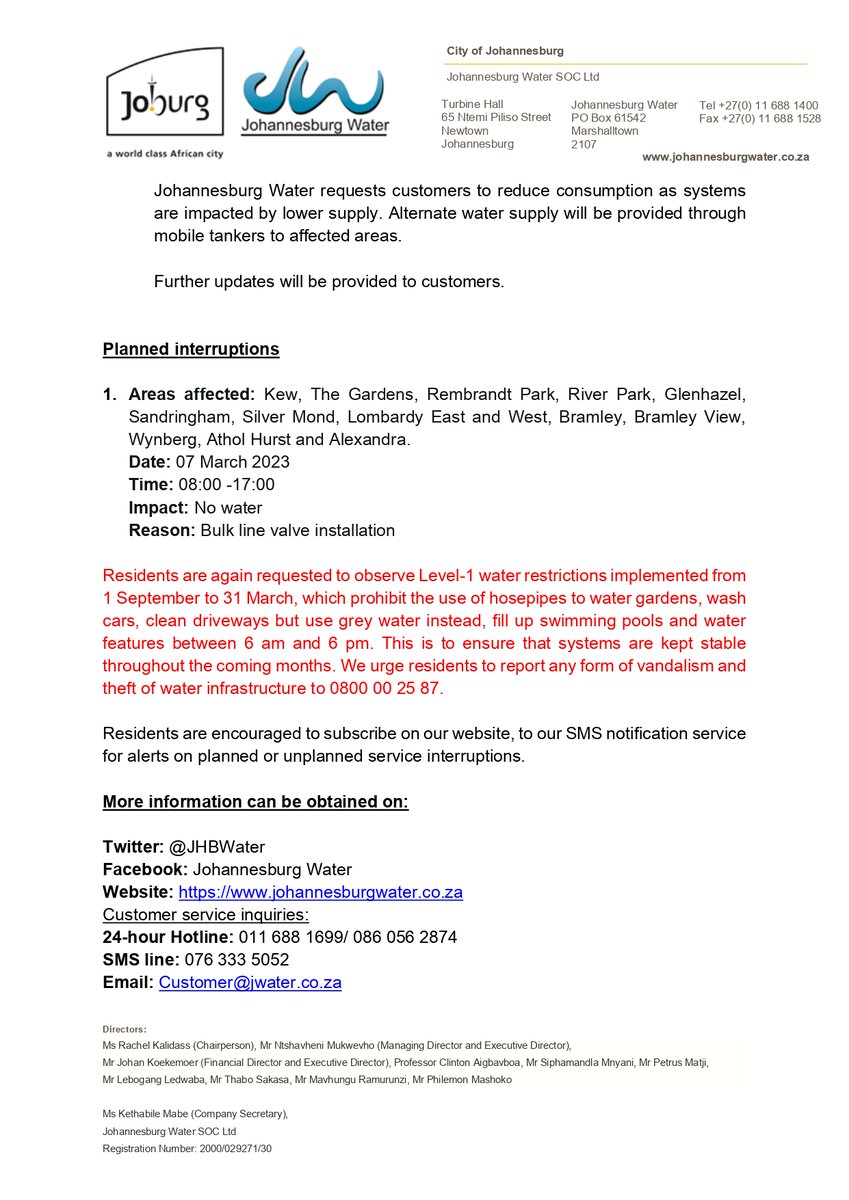 JHBWater's tweet photo. #JoburgUpdates Daily water supply system status updates: Tuesday, 28 February 2023 (Afternoon) ^N https://t.co/HuTIta8SOJ