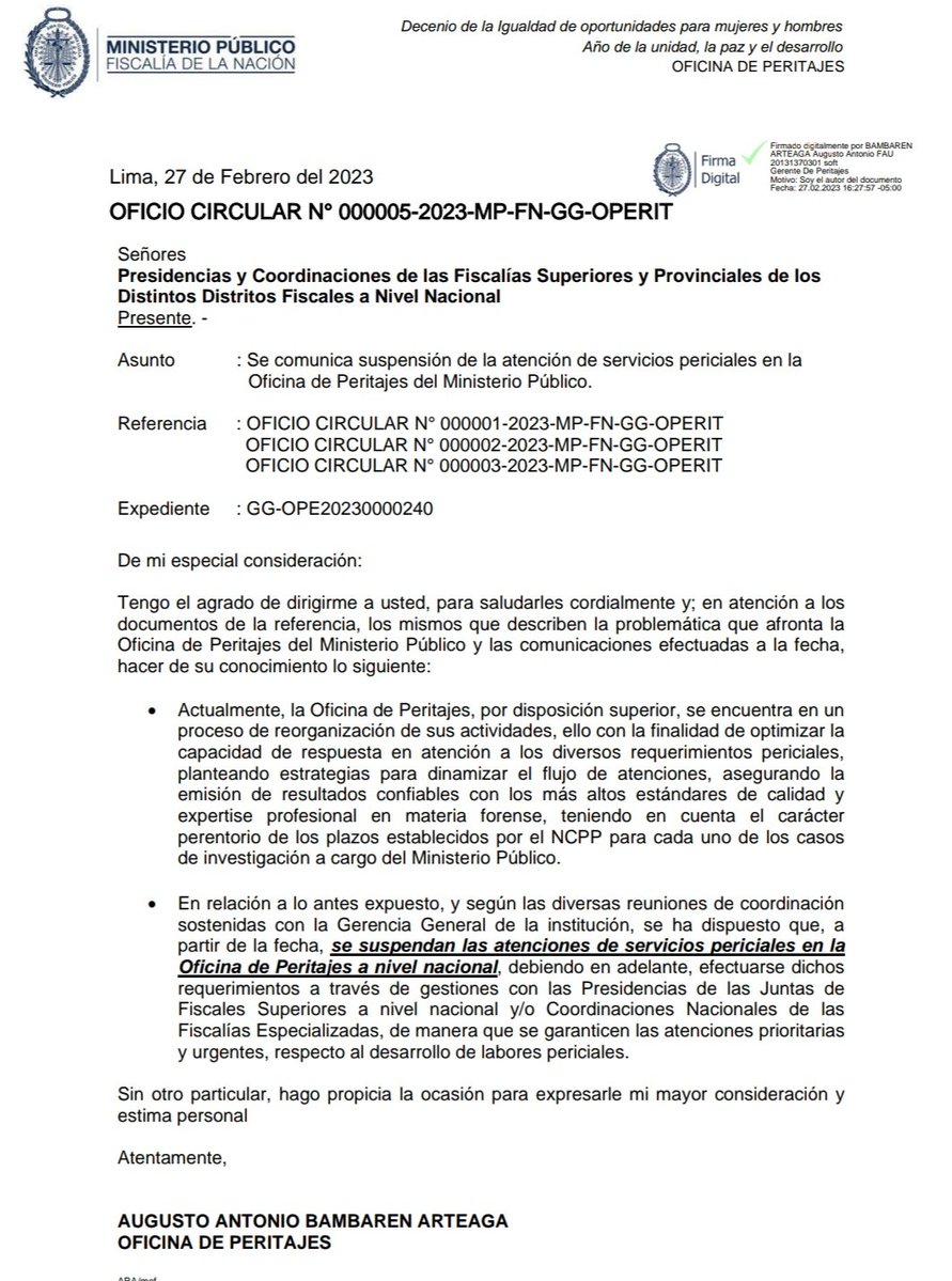 #Último | La Fiscal de la Nación, Patricia Benavides, bloqueó las investigaciones de los asesinatos en las protestas suspendiendo los peritajes a nivel nacional. 

Así también, se suspenden las investigaciones del caso #CuellosBlancos. (Documento: <a href="/FiscaliaPeru/">Ministerio Público</a>).
