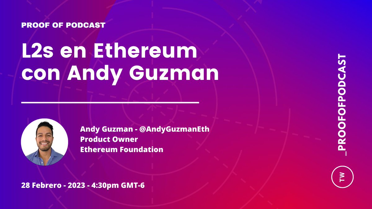 Este 28 de Febrero conversaremos con  
<a href="/AndyGuzmanEth/">andyguzman.eth | privacy/acc</a> acerca de soluciones de Capa 2 en Ethereum.

¡Te esperamos!

🇲🇽 🇨🇴 🇪🇨 🇵🇪 🇵🇦 5:30pm
🇨🇷 🇳🇮 🇭🇳 🇸🇻 4:30pm
🇻🇪 🇵🇾 🇧🇴 6:30pm
🇦🇷 🇺🇾  7:30pm

Co-hosts:
<a href="/_JustinCast/">JustinCast</a>
<a href="/jafetsc/">Jafet</a>
<a href="/brolag/">Alfredo</a>

x.com/i/spaces/1OyKA…
