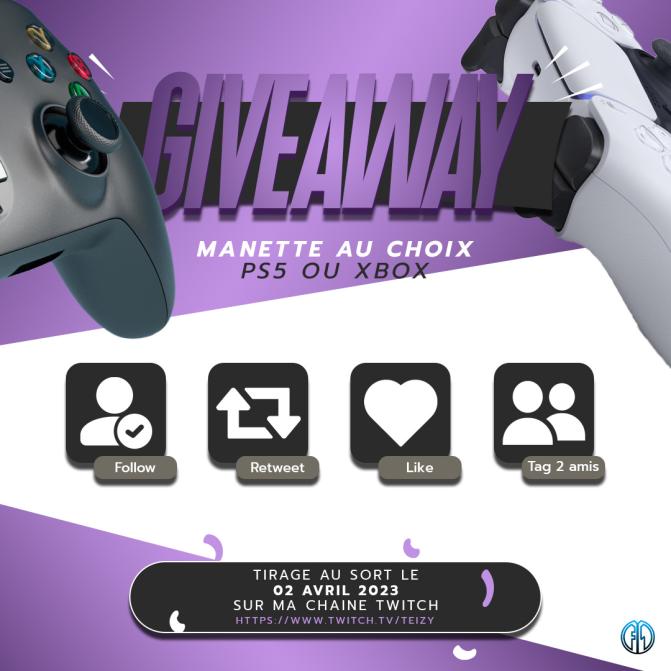 TeizyTV's tweet image. 🎁#Concours #giveaway Une manette au choix  à GAGNER ! 

Pour participer :

➡️ RT + Like ce tweet !
➡️ Follow  @TeizyTV &amp;amp; @TFMEsport 
➡️ Invite tes amis pour les faire participer !

🗓 T.A.S le 02  Avril 2023 à 18h sur ma chaîne Twitch 

twitch.tv/teizy 

Bonne chance 🍀