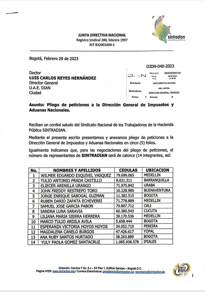 SINTRADIAN1997's tweet photo. SINTRADIAN radicando pliego de peticiones 2023 para iniciar mesa de negociación @DIANCOLOMBIA - SINDICATOS. Objetivo principal cumplimiento de Acuerdos Sindicales y recomposición Salarial
@cutcolombia @maltescut1 @MintrabajoCol @EdwinPalmaVE https://t.co/CnerY3tjyZ