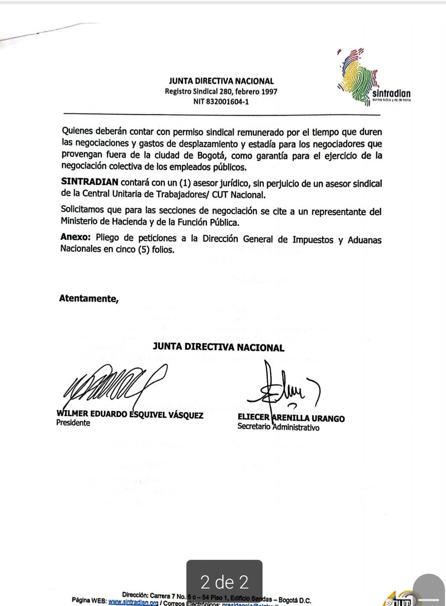 SINTRADIAN1997's tweet photo. SINTRADIAN radicando pliego de peticiones 2023 para iniciar mesa de negociación @DIANCOLOMBIA - SINDICATOS. Objetivo principal cumplimiento de Acuerdos Sindicales y recomposición Salarial
@cutcolombia @maltescut1 @MintrabajoCol @EdwinPalmaVE https://t.co/CnerY3tjyZ