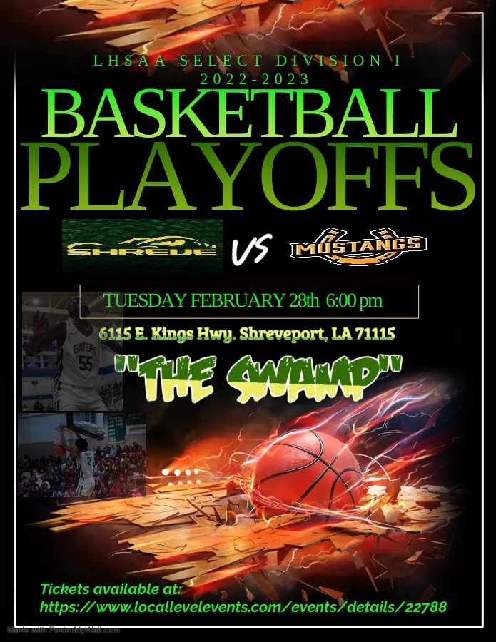 CaptainGators's tweet photo. 💥GATORS PLAYOFF GAME DAY!💥
🆚️ Eleanor McMain Mustangs
📅 02/28/23
🕕 6:00
🏟 CSHS Gym "THE SWAMP"
🎟 https://t.co/aGQV68lJ4W
#weallwegot #weallweneed #believeinshreve #apexpredators #dontbitewhatyoucanteat #LL35 https://t.co/cnbHqoxhcH