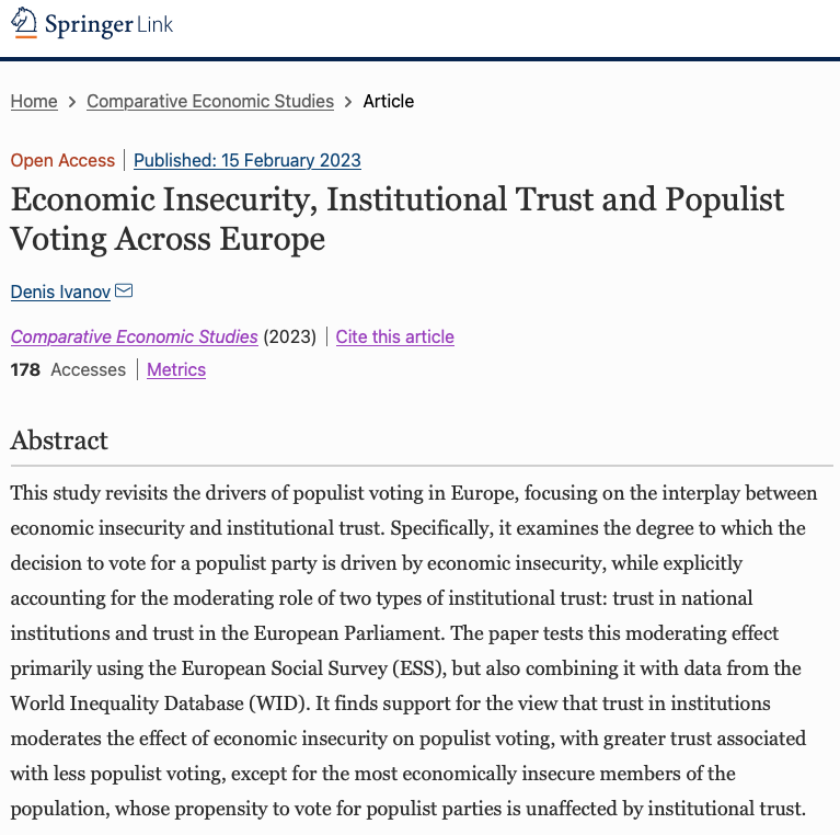 Happy to share that my first peer-reviewed article for <a href="/popeurope/">popeurope</a> was published in <a href="/CompEconStudies/">Comparative Economic Studies</a>  🥳🎉I revisit the drivers of voting of populist parties in Europe, focusing on the interplay between economic insecurity and institutional trust. A short 🧵1/6