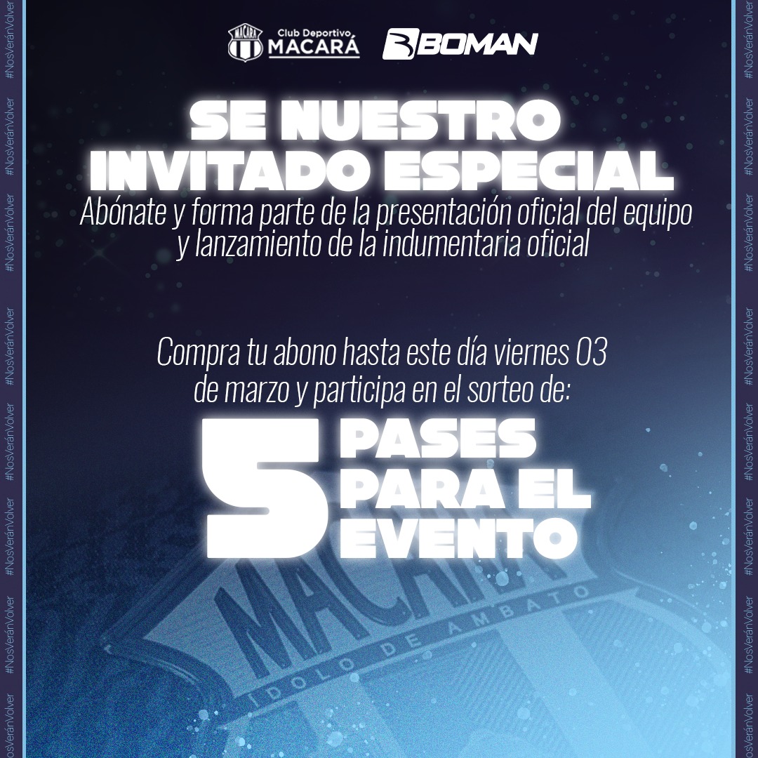 Macara_Oficial's tweet photo. 𝐒𝐞 𝐧𝐮𝐞𝐬𝐭𝐫𝐨 𝐢𝐧𝐯𝐢𝐭𝐚𝐝𝐨 𝐞𝐬𝐩𝐞𝐜𝐢𝐚𝐥
🎟️🌟

Adquiere tu abono hasta este día viernes y participa en el sorteo de uno de los cinco pases para la presentación oficial del equipo e indumentaria 2023 
🤩💜👕

#Abonos2023
#VamosLosCelestes https://t.co/mwhvaXwdmX
