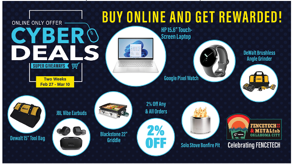 #CPSG is bringing you #FENCETECH Cyber Deals!
Two Weeks of Giveaways & Discounts!
Buy #online & get rewarded. We have great gifts from Hewlett-Packard, Google, DeWalt, JBL & more, even 2% Off purchases, at ALL levels of spending!
Details here: tinyurl.com/p8xbvutu
#cyberdeals