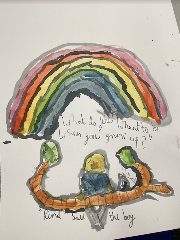 StroudGreenSch's tweet image. Art club have been responding to @charliemackesy's book The Boy, The Mole, The Fox and the Horse. First, they sketched, then built up a watercolour wash of colour, and finally used ink to replicate Mackesy's style - what do you think? #art #primaryart #creativity #makinglinks💚🎨
