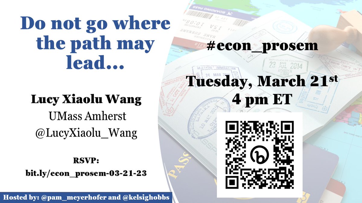 Pamela Meyerhofer, Ph.D. (@pam_meyerhofer) on Twitter photo Hey International Students on #EconTwitter, tune into next week's #econ_prosem to hear <a href="/LucyXiaolu_Wang/">Lucy Xiaolu Wang</a> share her wild journey across oceans and her experience navigating visas, international post-docs, and being a new AP.
RSVP: bit.ly/econ_prosem-03… Hey International Students on #EconTwitter, tune into next week's #econ_prosem to hear <a href="/LucyXiaolu_Wang/">Lucy Xiaolu Wang</a> share her wild journey across oceans and her experience navigating visas, international post-docs, and being a new AP.
RSVP: bit.ly/econ_prosem-03…