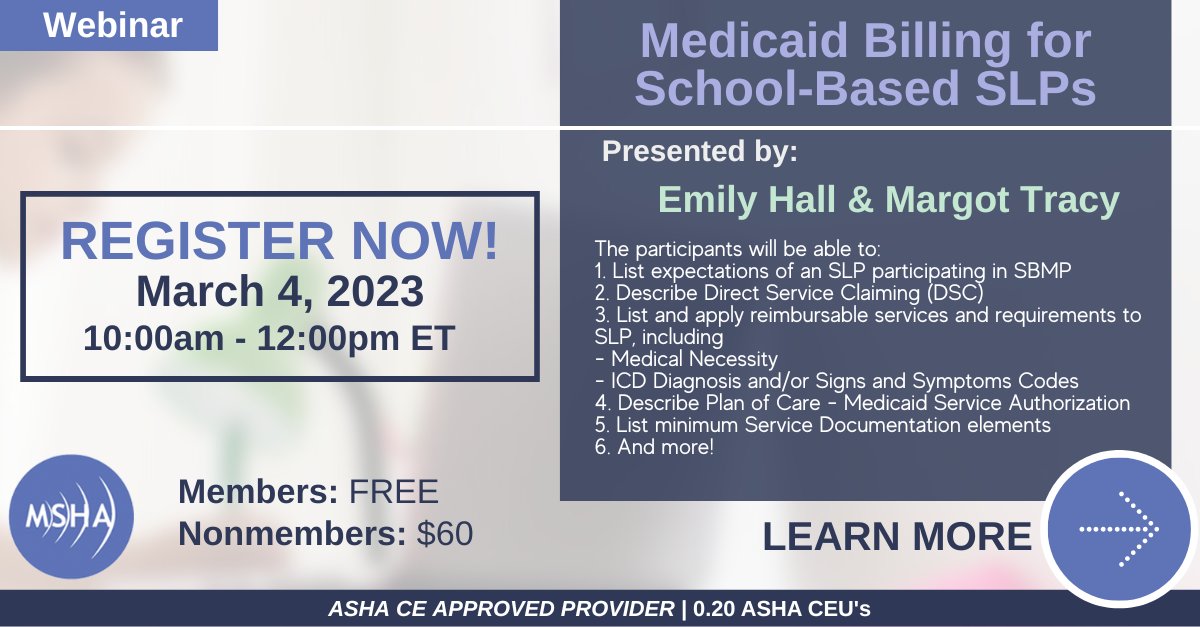 Join MSHA for our Medicaid Billing for Student-Based SLPs webinar on Saturday morning from 10am-12pm featuring presenters Emily Hall &amp; Margot Tracy.

Register here: lnkd.in/e-vZ2FtR

#speechlanguagepathologist #slps #msha #slplife #slpeeps #webinar #medicaid #billing