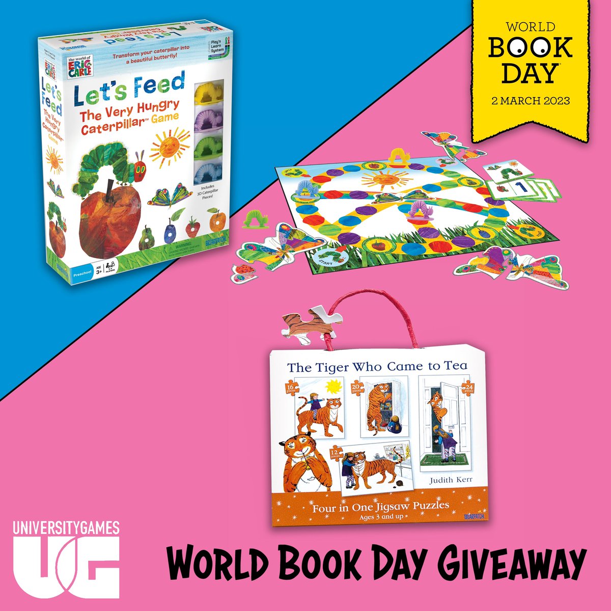 World Book Day Giveaway📚
For a chance of win our Let’s Feed the Hungry Caterpillar board game and The Tiger who came to Tea 4 in 1 puzzle set:
• RT &amp; Follow 
• Comment: #WBDGiveaway 
Closes: 10am 1/3/ 2023 UK only, Full Ts&amp;Cs on FB &amp; IG #WorldBookDay #Giveaway #win #WBD