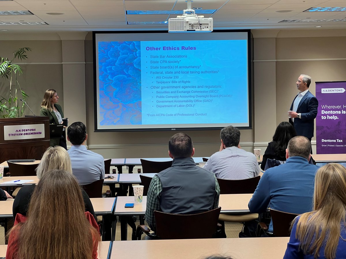 DentonsBG's tweet photo. Our Louisville office welcomed the Kentucky Chapter of @TEI_Updates for their monthly meeting on February 22. Our lawyers Mark Loyd, @BaileyRoese, Ross Cohen and Ryan Dunn presented on ethics and partnership tax updates during the meeting. https://t.co/H3P4Idxkvc
