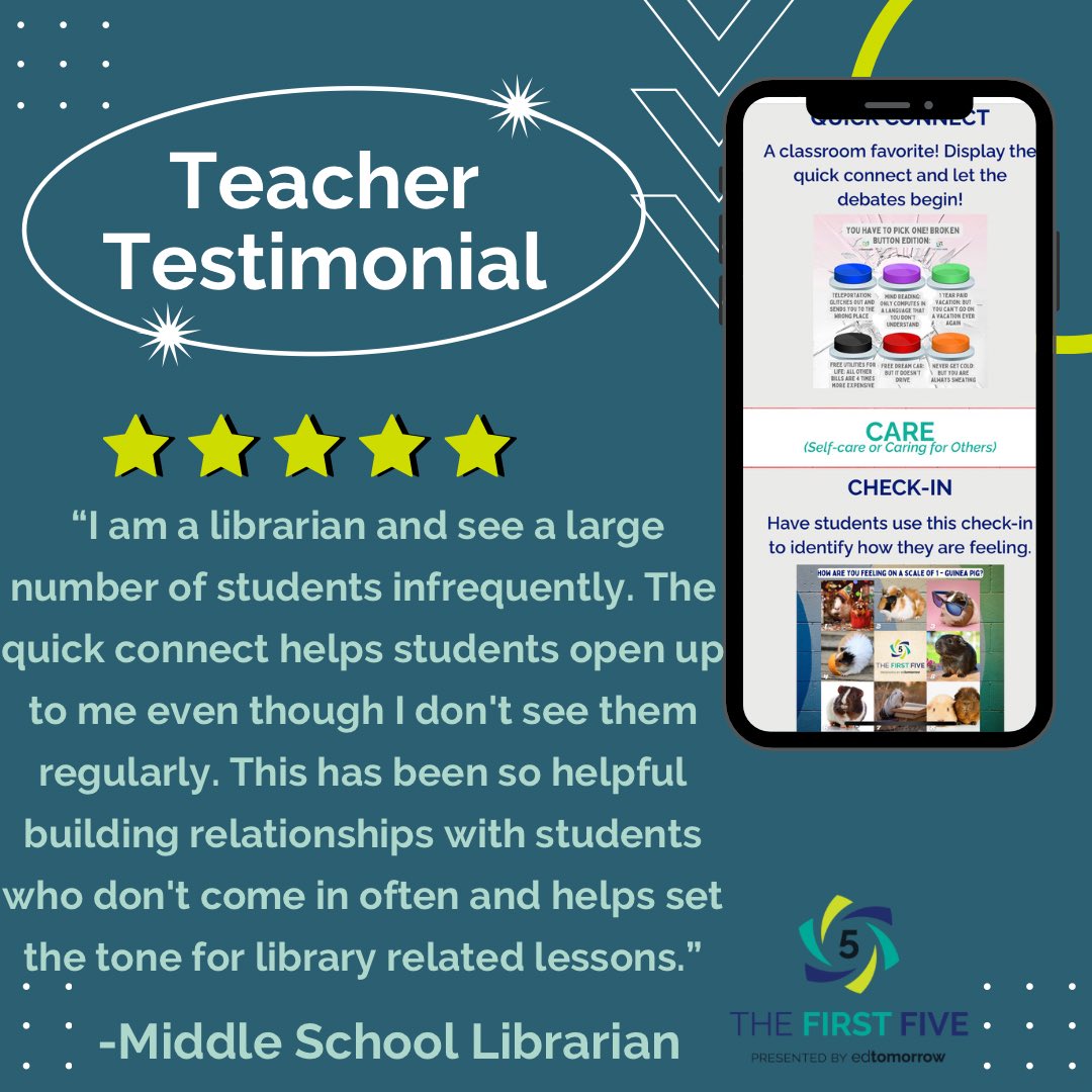 ed_tomorrow's tweet photo. Teachers are not the only ones that have found The First Five to be a successful way to engage with their students. Get started today!https://t.co/8CeEUkrocN
#TheFirstFive #edtomorrow #librarianslovethefirstfive #TestimonialTuesday https://t.co/YxAxHqjHA2