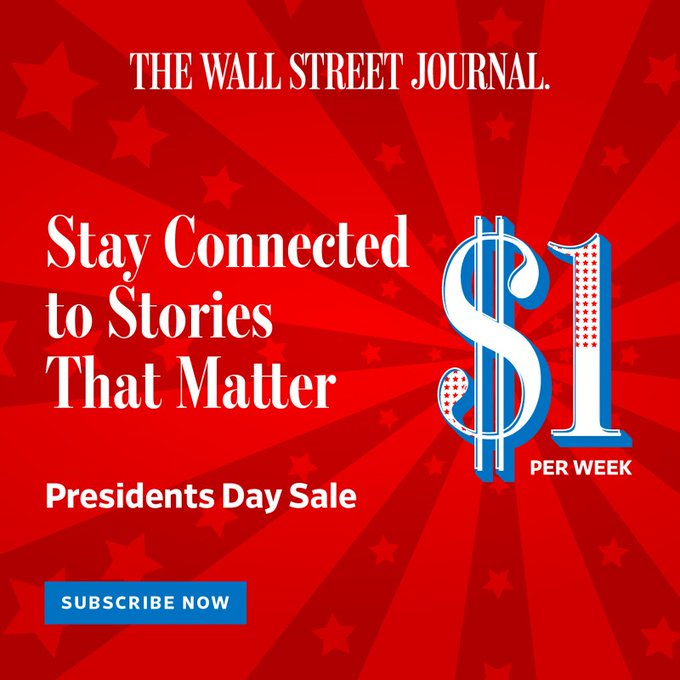 MentionNft's tweet photo. Choose unbiased news. Get WSJ’s award-winning journalism with our Presidents Day sale. https://t.co/5SGEzrdu7o