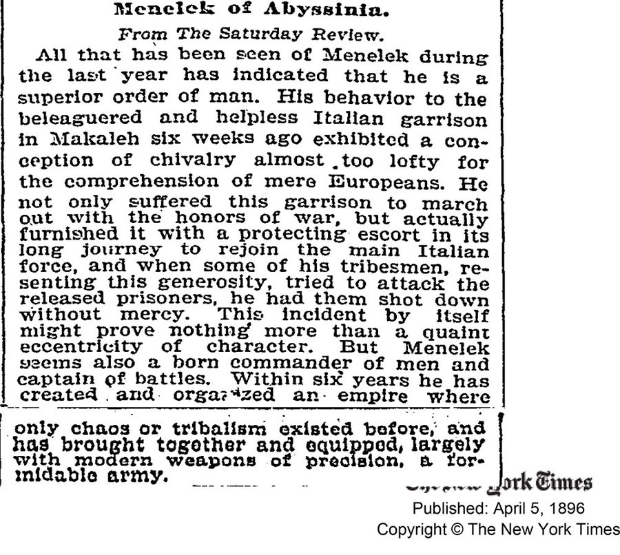 kyisfa's tweet photo. "Within six years Menelik has created and organized an empire where only chaos or tribalism existed before, and has brought together and equipped largely with modern weapons of precision and a formidable army."  NY times, April 5, 1896 #ታላቁ_ጥቁር #Adwa127 #EmperorMenelik https://t.co/LL1HPP1I3E