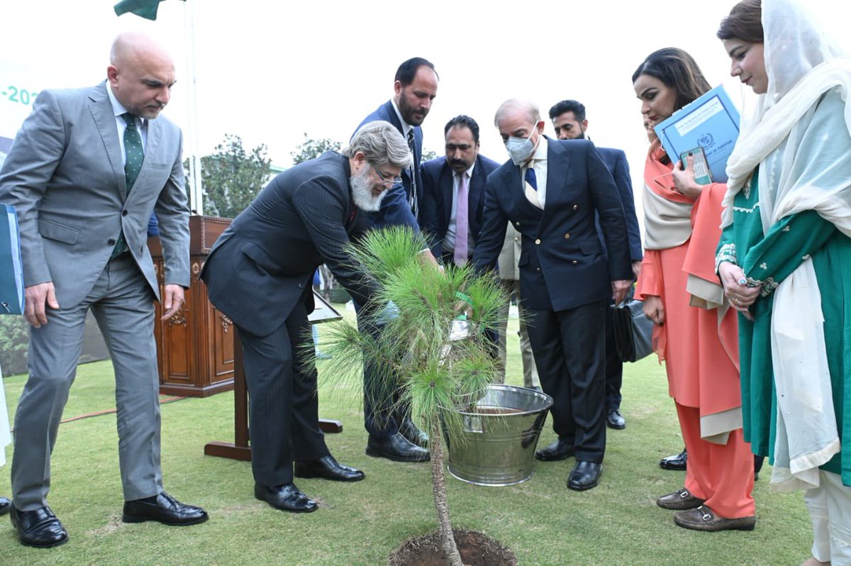 CMShehbaz's tweet photo. By planting a sapling today, I inaugurated the national tree plantation drive 2023. Under this, 240 million new trees will be planted. Bequeathing a pollution-free environment is our collective responsibility. I appeal to all segments of society to come forward &amp; play their part. https://t.co/vQmKwwbEAx