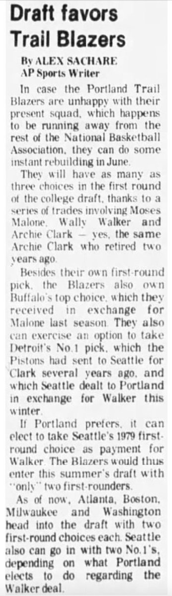 77Blazers's tweet photo. Feb 28 1978 - The 50-10 @trailblazers appear to be set up to continue to stay young as they potentially have 3 1st rd picks in coming draft due to trades of #MosesMalone, #WallyWalker, and #ArchieClark
#RipCity #Blazers https://t.co/mCY8O1Bfa1