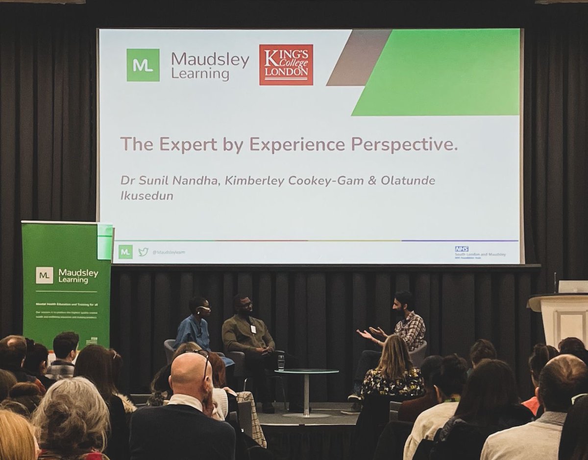 maudsleylearn's tweet image. What a powerful panel discussion on ‘The Expert by Experience Perspective’ with Dr Sunil Nandha, Kimberley Cookey-Gam &amp;amp; Olatunde Ikusedun! Olatunde is currently sharing his struggles with migration into the UK and how this led to him reaching out to OASIS.
