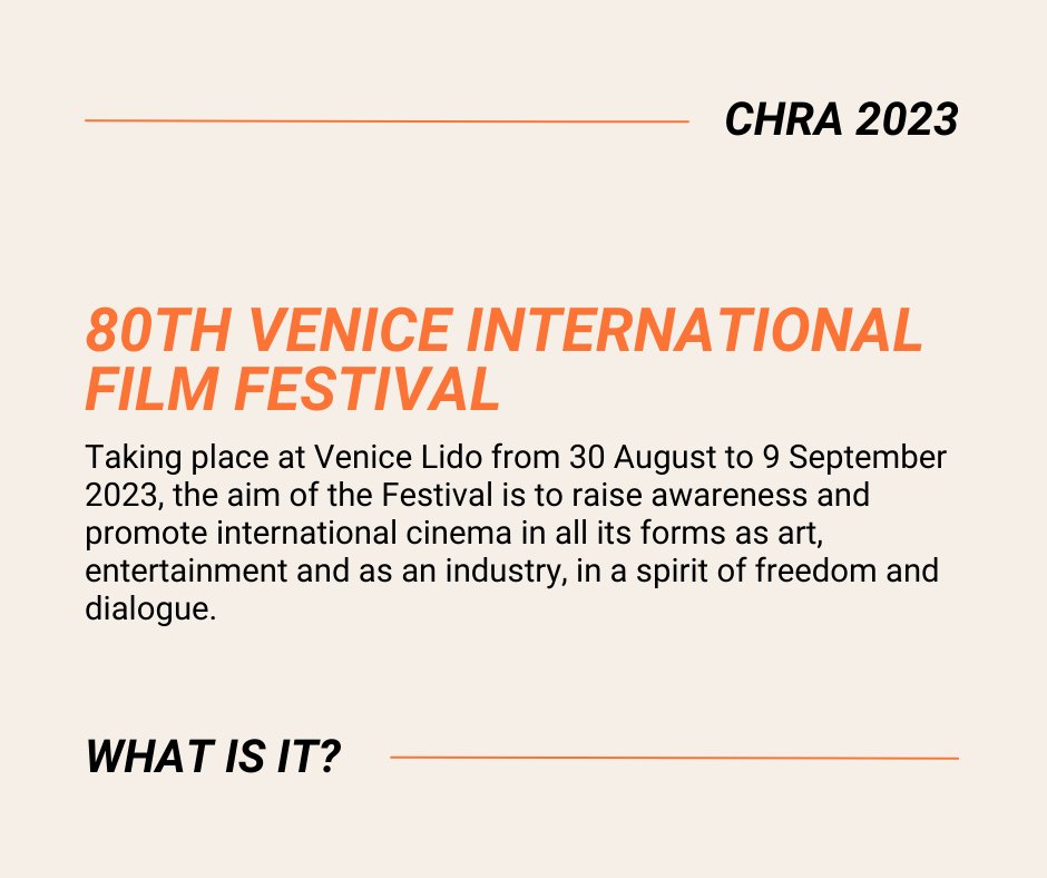 Want to be part of the #VeniceFilmFestival and meet experts from the #filmindustry?👇

➡️Apply for the #CHRA Summer School: picturepeople.org/summer-school-…

📅 Deadlines: Scholarship applicants - 30 April 2023
Self-funded applicants - 30 May 2023
📍Venice Lido,  #Italy
#biennalecinema