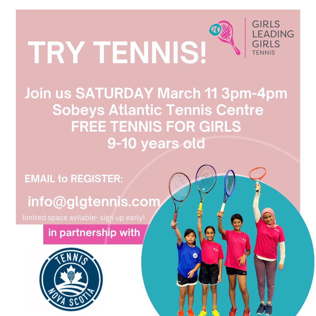 Check out this great opportunity for girls age 9-10 to try tennis for free. Email info@glgtennis.com for more info and to register <a href="/TennisNovaScoti/">Tennis Nova Scotia</a> <a href="/AtlanticTennis/">Sobeys Atlantic Tennis Centre</a>