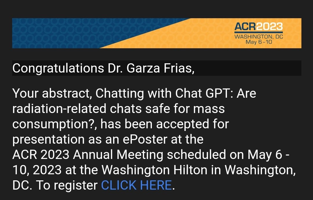I am honored to share that both of my abstracts have been accepted for the upcoming ACR 2023 Annual Meeting. Disclaimer: This tweet may or may not have been written by an AI language model. #ACR2023 🏛