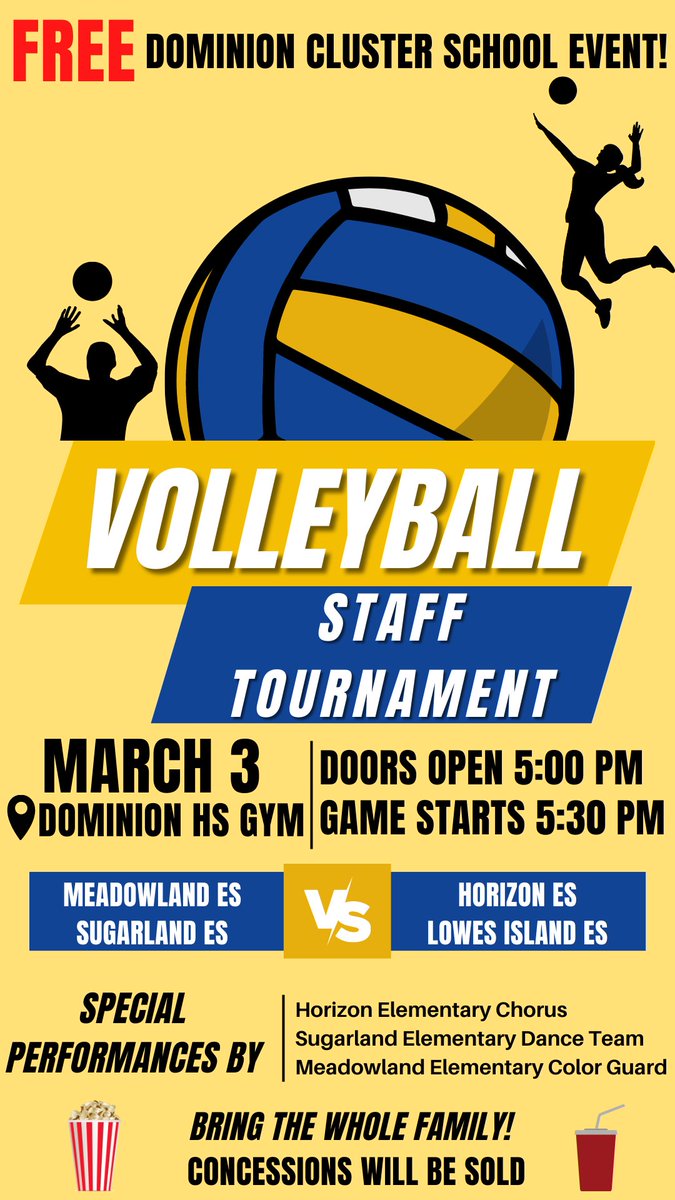 Meet up with the Mustangs this Friday at 5:00 for the Volleyball event of the season!  See the Mustang Color Guard perform!  Watch your Mustang teachers as they play against the Wildcats, Comets and Leopards! This event is FREE and concessions will be sold!