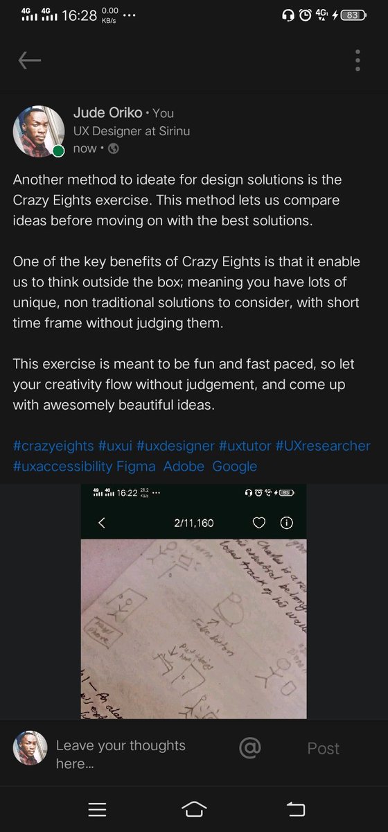 ezechizi's tweet photo. Another method to ideate for design solutions is the Crazy Eights exercise. This method lets us compare ideas before moving on with the best solutions.
#crazyeights #uxui #uxdesigner #uxtutor #UXresearcher #uxaccessibility @fof_uyo @figma @AdobeDesign @Google https://t.co/E3JiSOqS5Z