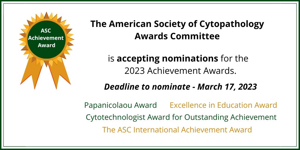 The American Society of Cytopathology Awards Committee is now accepting nominations for the 2023 Achievement Awards.
conta.cc/41zEKoC
#cyto #cytopath