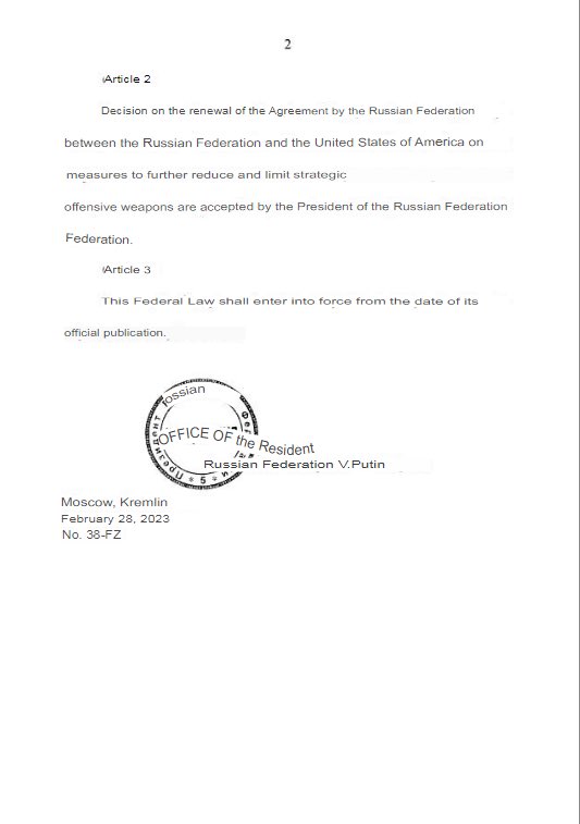 🚨#BREAKING: Putin has signed the order to suspend Russia’s participation in treaty designed to reduce US and Russian deployed nuclear warheads.

Still think he’s bluffing?