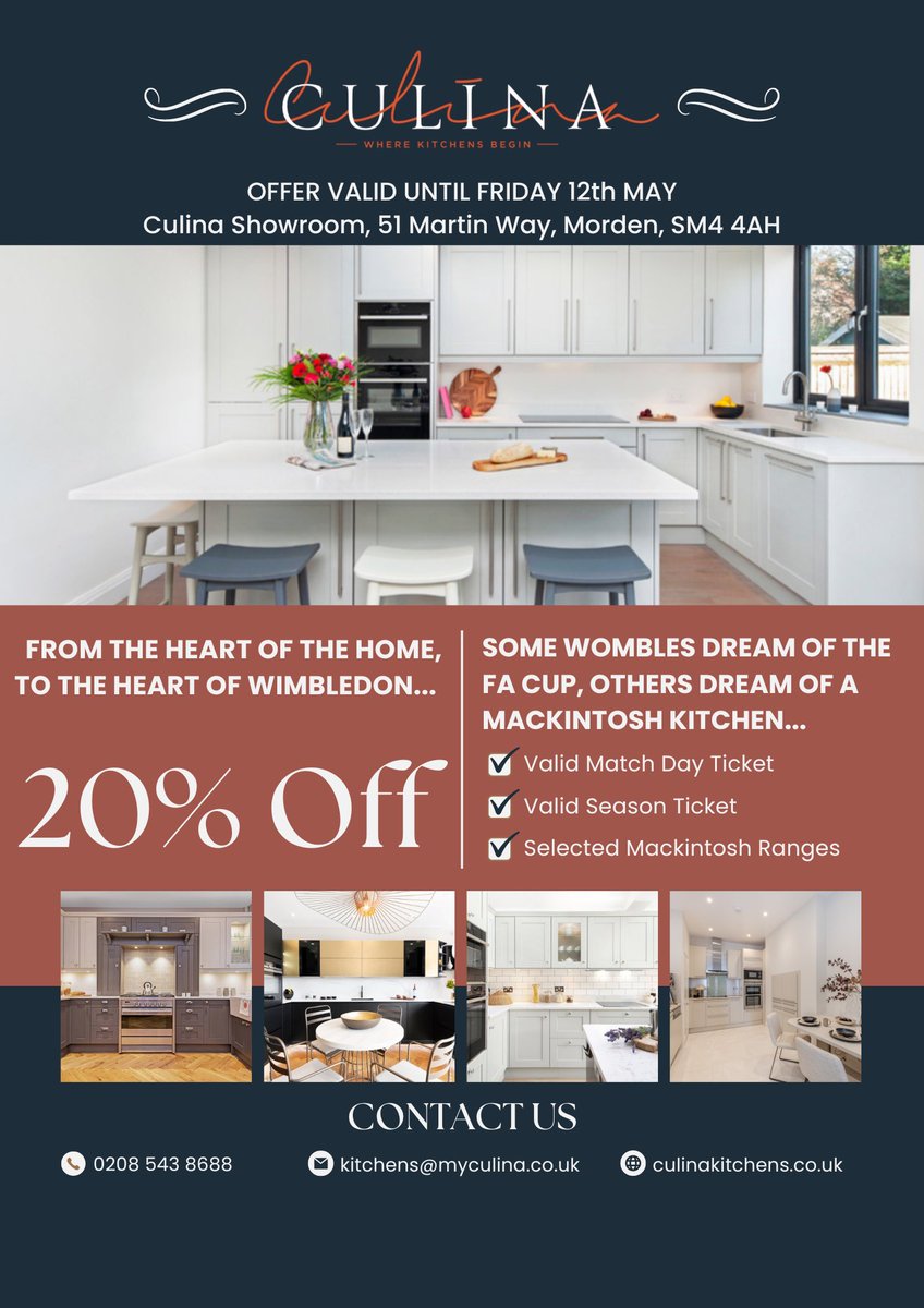 It’s match day!

And there’s no better way to celebrate than with 20% off your dream kitchen.

1 valid <a href="/AFCWimbledon/">AFC Wimbledon</a> or <a href="/afcw_women/">AFC Wimbledon Women</a>  ticket can save you thousands off your dream kitchen. There has never been a better reason to support your local!

COME ON THE DONS 🔵🟡