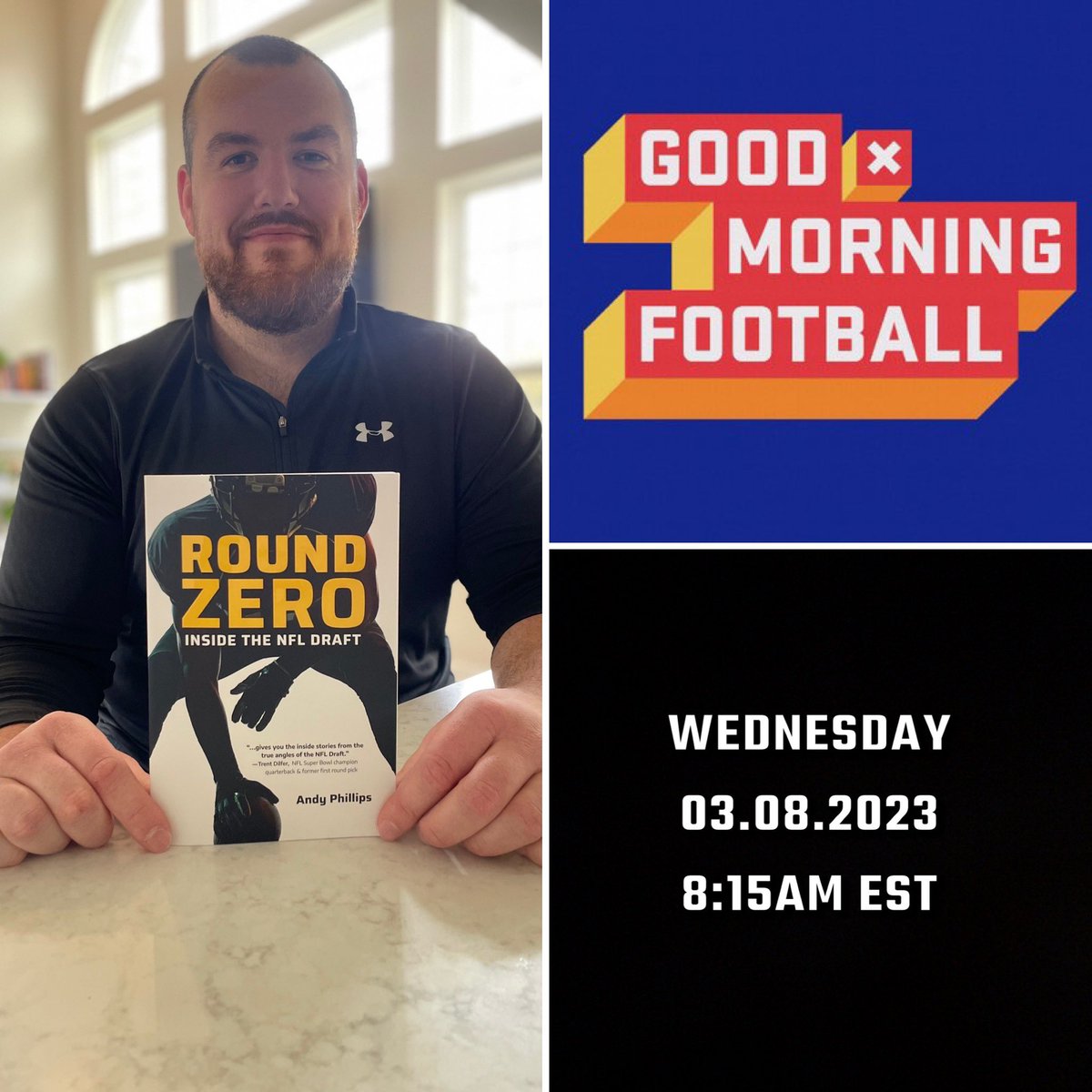 aphil66's tweet photo. It’s release day for ROUND ZERO and with that comes some exciting news to share:

I’ll be joining the @gmfb crew Wednesday 03.08.23 at 8:15am EST to talk about the book. Tune in! #NFLDraft #NFL #books 

@nflnetwork @JamieErdahl @KyleBrandt @PSchrags @JasonMcCourty https://t.co/vbmMF1GeKg