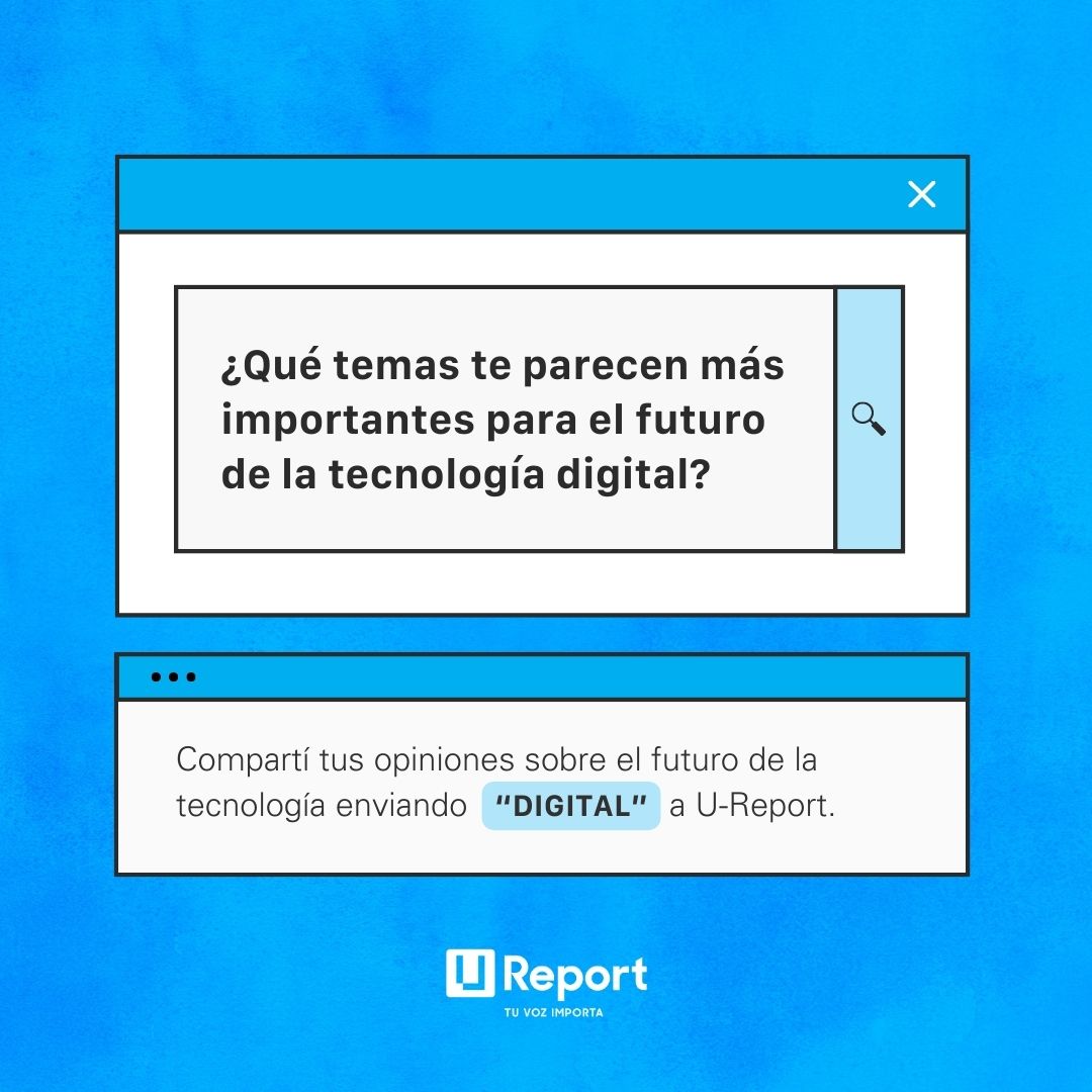 La opinión de los niños, niñas y jóvenes es esencial para determinar el camino que seguirán las tecnologías digitales 🧒🏽👧🏿🌐.
Accedé a la plataforma U-Report y envía “DIGITAL” para unirte a la conversación. Participá desde Whatsapp. #TuVozImporta

📲  wa.me/5491161944646?…