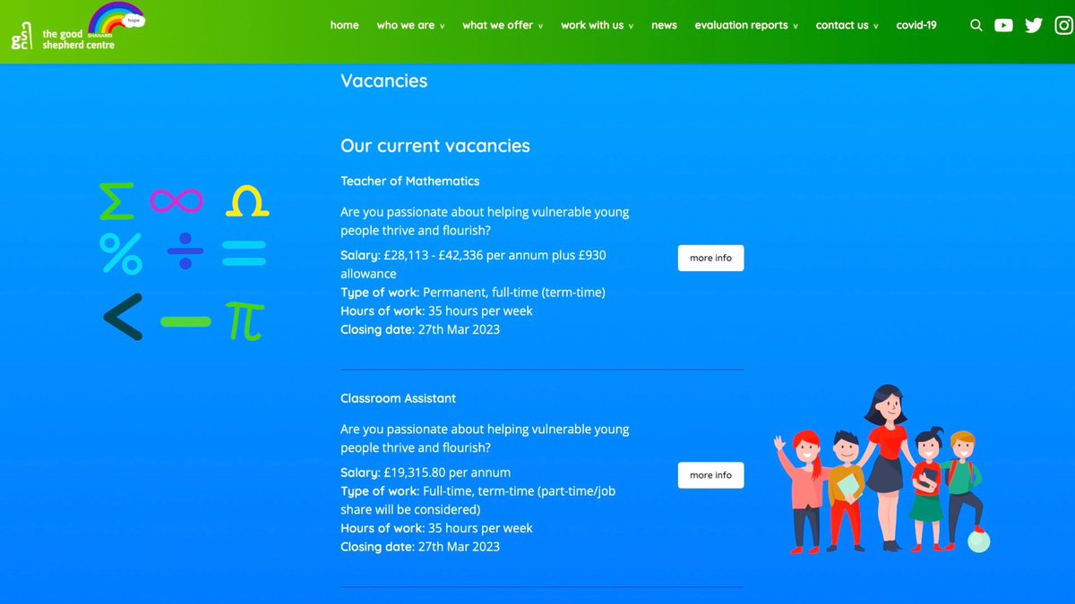 GSCBishopton's tweet image. Fantastic opportunities to join our wonderful Education Team.
Exciting times ahead for our school and Centre.

We are looking for a #MathsTeacher and a #ClassroomAssistant.

For more information check out our website.

 gsc.scot/work-with-us/v…

@CELCIStweets @CYCJScotland