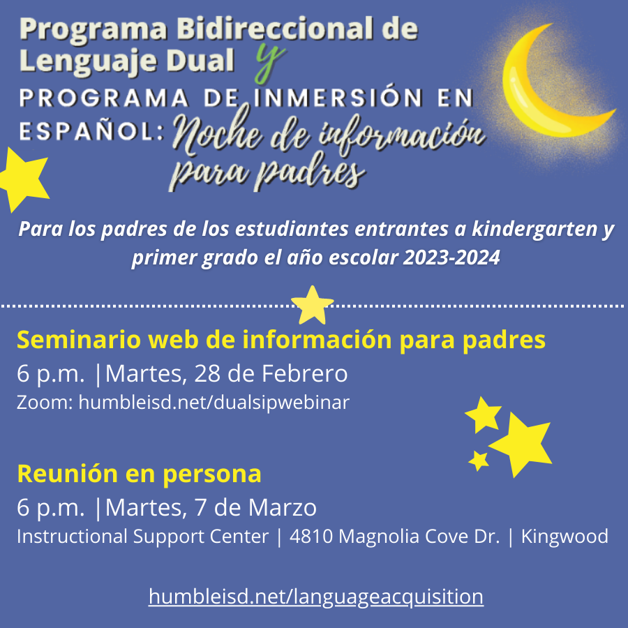 🖥️ Zoom with us TONIGHT for the Parent Information Virtual Webinar to learn more about the #HumbleISD Dual Language &amp; Spanish Immersion Programs and the application process. 
Zoom: humbleisd.net/dualsipwebinar