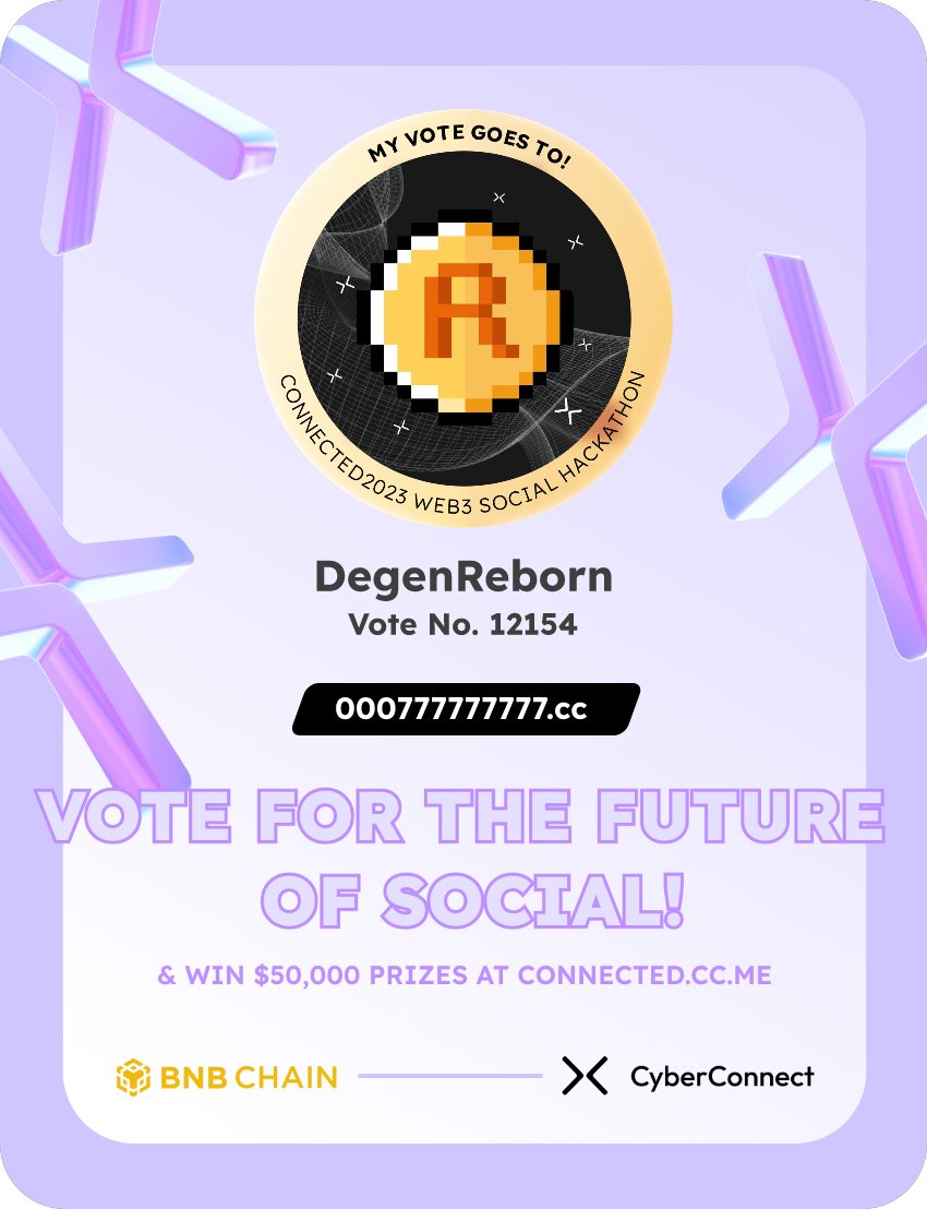 Just voted for my favorite project DegenReborn in #Connected2023, a Web3 Social hackathon by <a href="/CyberConnectHQ/">(Deprecated) CyberConnect</a> the social graph protocol &amp; <a href="/BNBCHAIN/">BNB Chain</a>
Join me to vote for a better social and win $50,000-$100,000 prizes!
connected.cc.me
sig:wlclRz 
  x.com/CyberConnectHQ…