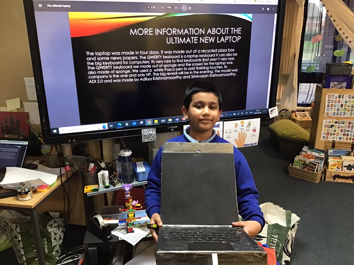Christletonpri's tweet image. Adi in Year 3 made and presented an amazing laptop prototype in half term. The year 3s were wowed with his work and the PowerPoint he made to present it! #cpscomputing #cpsdt