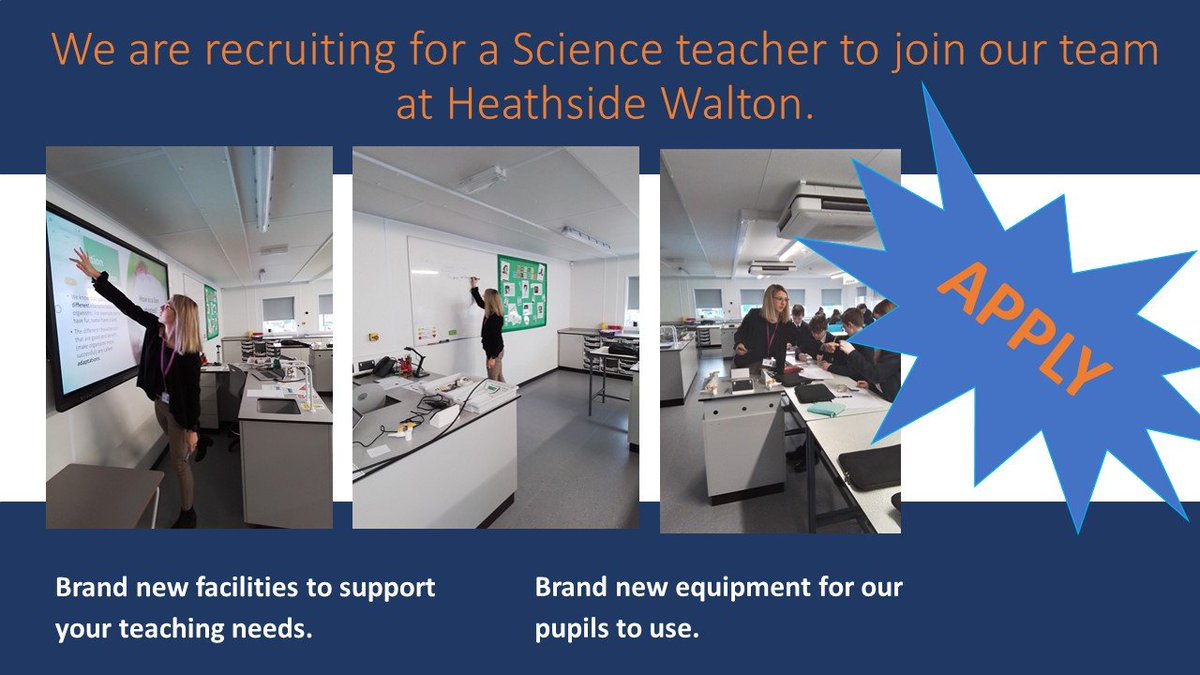 We are excited to announce that we are recruiting for a new member of our team – a Science teacher! You will be joining us in our brand new premises in September 2023, a new lab awaits you! 🧪🧬🦠

To find our more and apply, go to our website: heathsidewalton.org