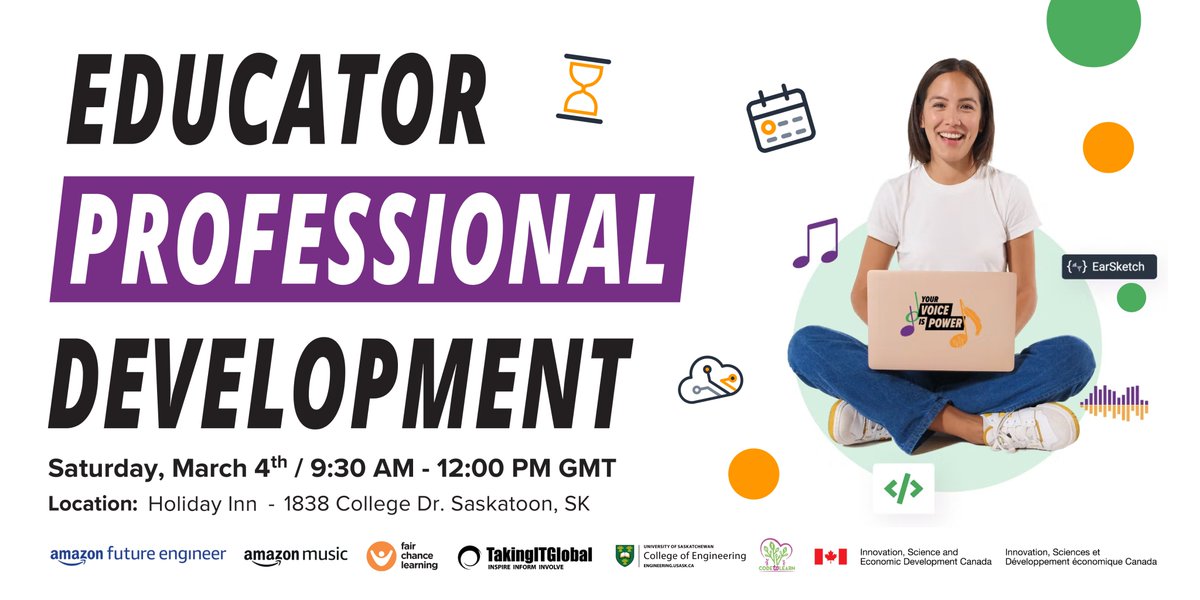 FCLEdu's tweet photo. Attn: music and coding educators in SK! 
Join us this Saturday for a 2.5-hour workshop that includes a #YVip overview, an introduction to EarSketch, and how you and your students can win prizes!
Grab your spot today: https://t.co/rkhVnaqrW3 https://t.co/BbgYwhqFio