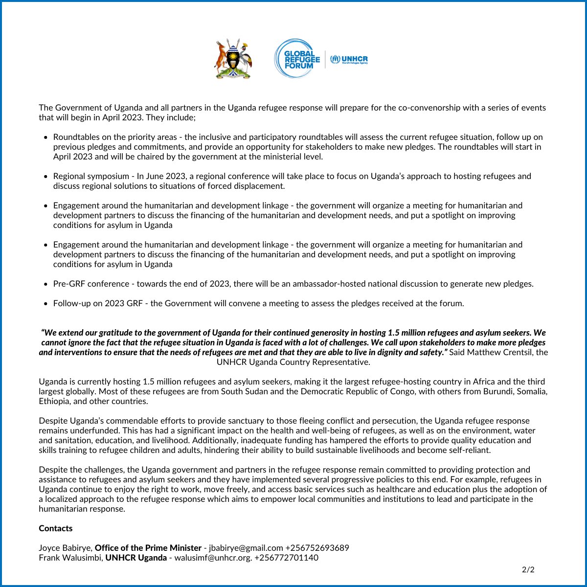 OPM/Refugees office (@refugeesuganda) on Twitter photo Many thanks to the very many Partners who joined us today as we launched our Global Refugee Forum Convenership and Roadmap today. <a href="/OPMUganda/">Office of the Prime Minister - Uganda</a> <a href="/CrrfUganda/">CRRF Uganda</a> <a href="/UNHCRuganda/">UNHCR Uganda</a> <a href="/Refugees/">UNHCR, the UN Refugee Agency</a> Many thanks to the very many Partners who joined us today as we launched our Global Refugee Forum Convenership and Roadmap today. <a href="/OPMUganda/">Office of the Prime Minister - Uganda</a> <a href="/CrrfUganda/">CRRF Uganda</a> <a href="/UNHCRuganda/">UNHCR Uganda</a> <a href="/Refugees/">UNHCR, the UN Refugee Agency</a>