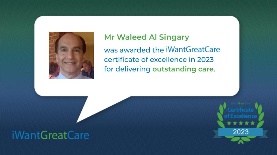 Our first featured winner of #cofexcellence2023 is Mr Waleed Al Singary of @circlehealthgrp Goring Hall Hospital, Worthing. Congratulations to him and all this year's winners - more featured soon. iwantgreatcare.org/doctors/mr-wal… #patientexperience #urology #Doctors