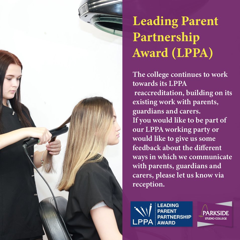 Parkside_Studio's tweet image. The college continues to work towards its LPPA reaccreditation, building on its existing work with parents, guardians and carers. If you would like to be part of our LPPA working party or would like to give us some feedback please let us know via reception.